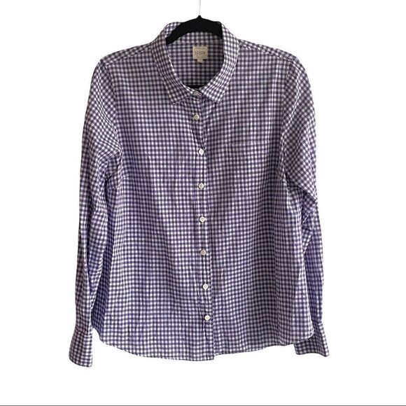 J. CREW The Perfect Shirt Long Sleeve Button Front Blouse Purple White Check L - Picture 1 of 6